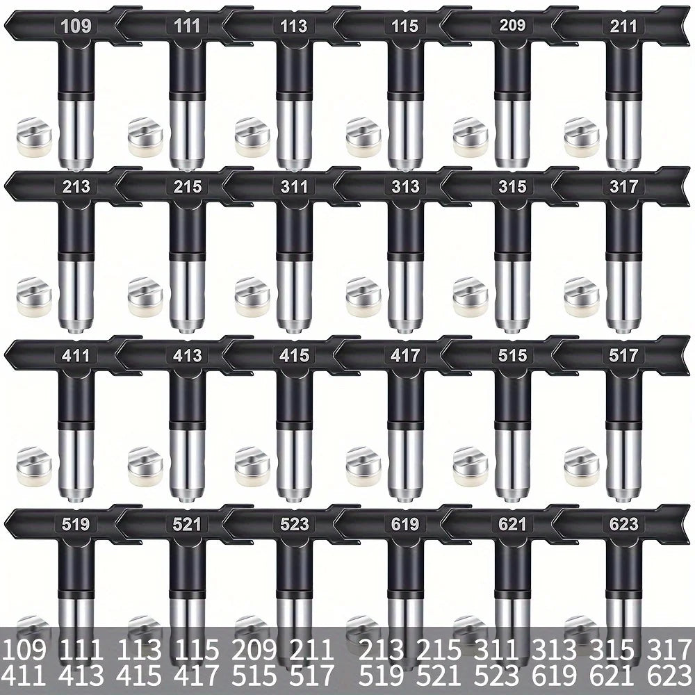 Un juego de boquillas de spray negro y plateado con varios tamaños numerados para diferentes aplicaciones.