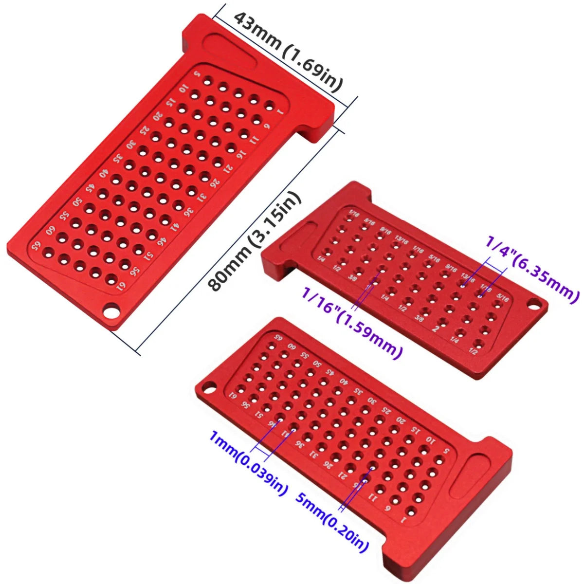 A set of precision T-square rulers in red, showing various sizes and dimensions.
