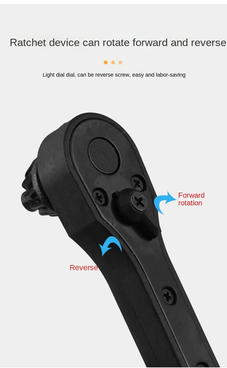 A black ratchet device is shown, demonstrating forward and reverse rotation capabilities.
