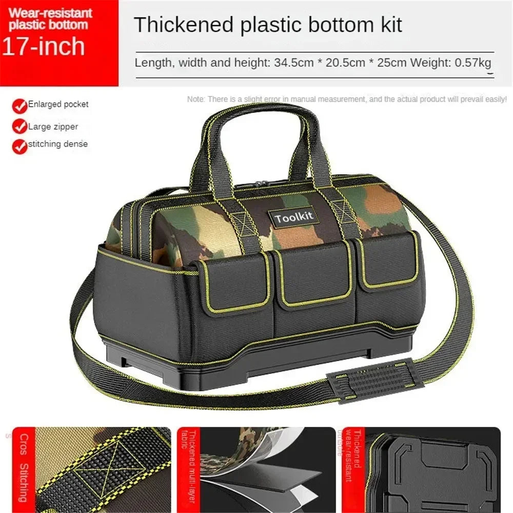 Black and olive green thickened plastic bottom kit with a handle and strap for tools