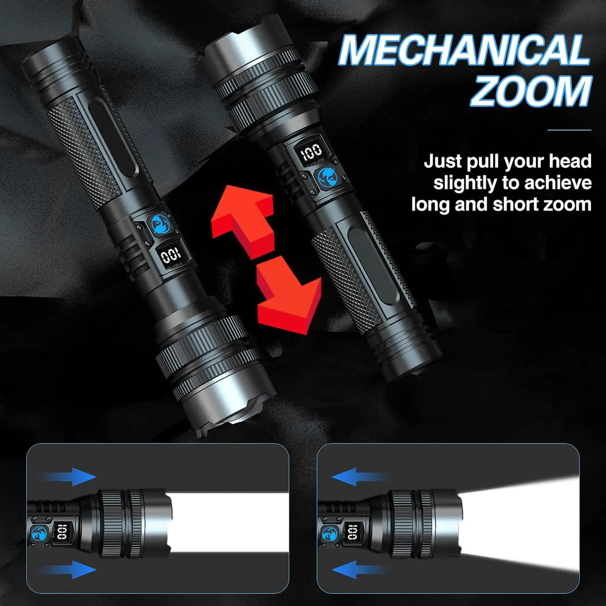 Taktische wiederaufladbare LED-Taschenlampe mit mechanischer Zoomfunktion für lange und kurze Fokussierung.