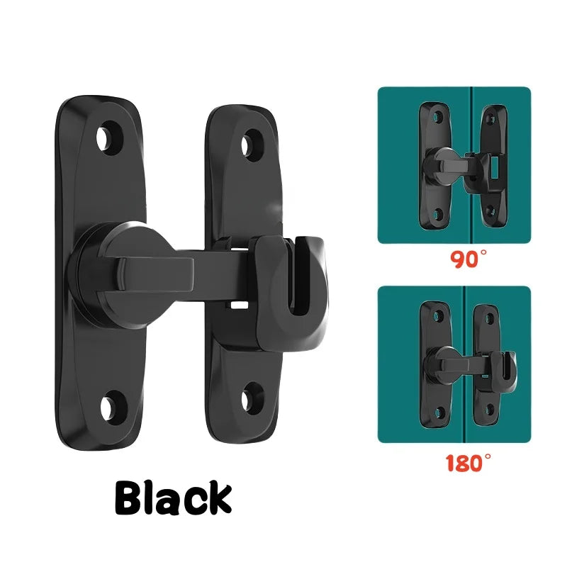 Black heavy duty flip door lock latch hardware shown in various 90 and 180 degree configurations