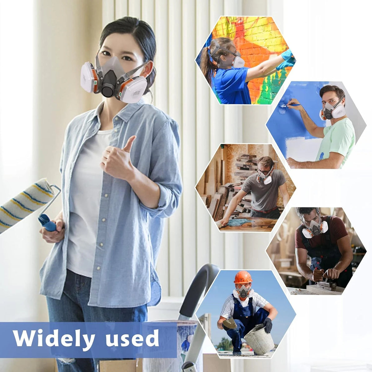 A woman wearing a gas mask is shown next to various components and applications of high-performance dust filter cotton for ga