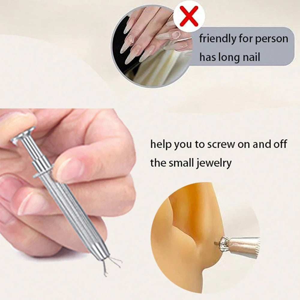Stainless steel piercing ball grabber kit showing a tool used to screw on and off small jewelry.