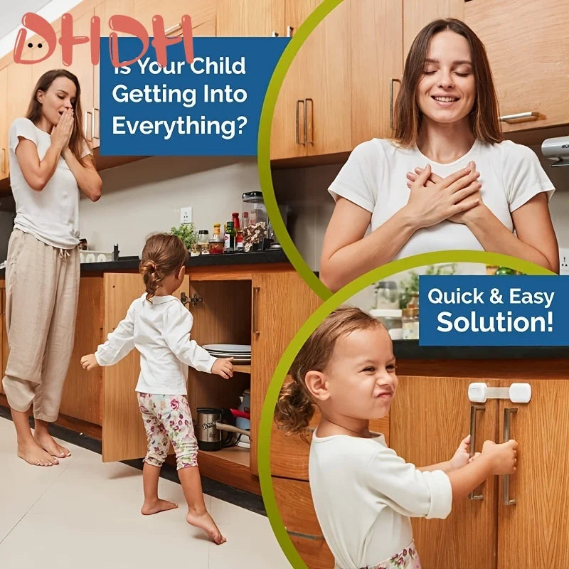 A mother is shown demonstrating an adjustable child safety lock for a cabinet drawer with a child interacting with the mechan
