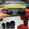 An anti-drop lock hole feature on an impact wrench socket adapter set shown being used.