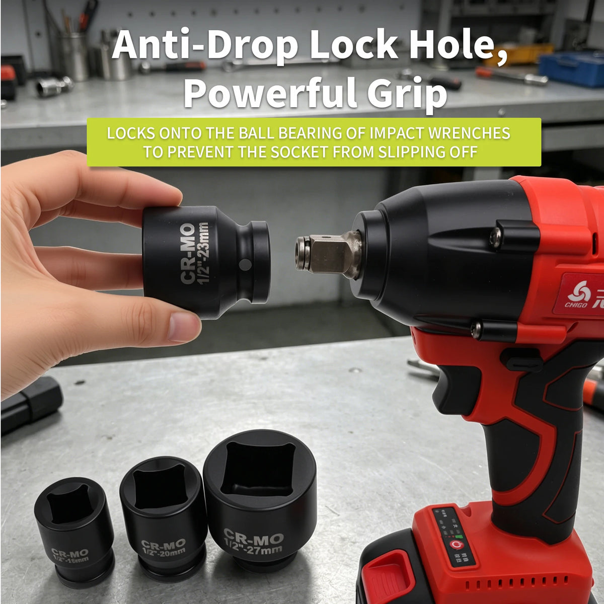 An anti-drop lock hole feature on an impact wrench socket adapter set shown being used.
