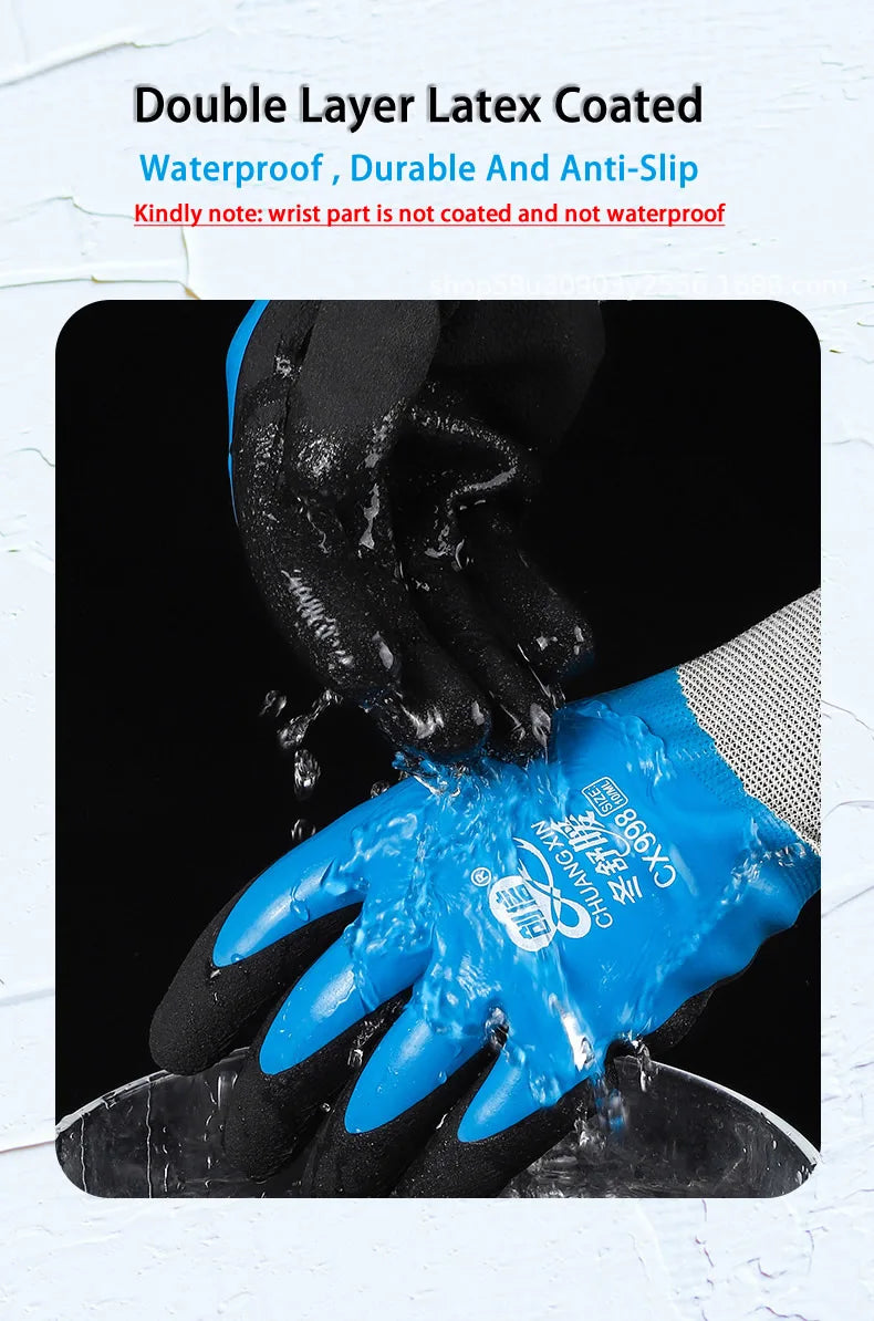 A close-up of a hand wearing blue latex coated work gloves being used in a wet environment.