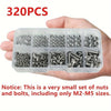 A hand holds a clear plastic container filled with 320 metric hex nuts and bolts, including M2-M5 sizes.