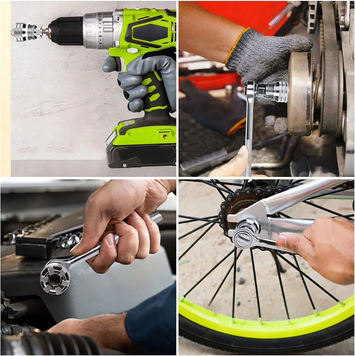 Une main utilise une douille de perceuse réglable avec une tige de liaison pour serrer un écrou de roue de vélo.