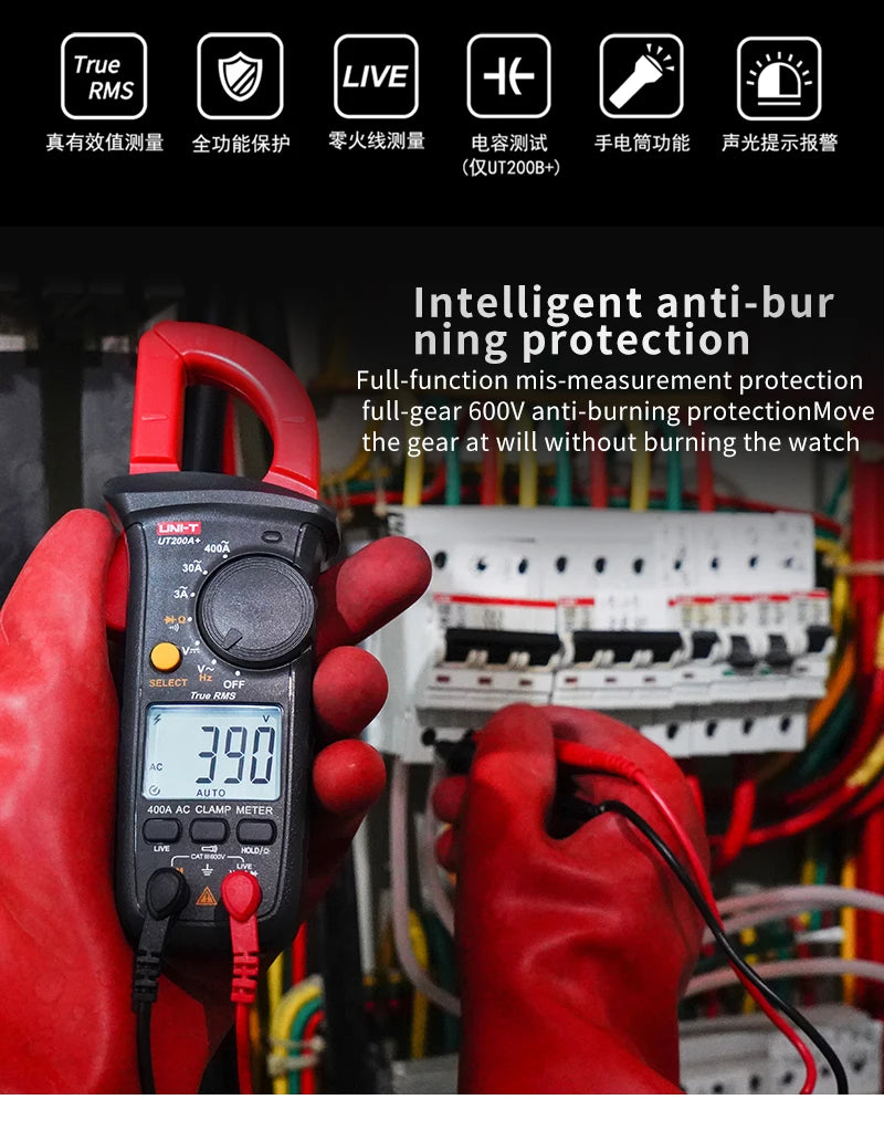 A hand holds a red digital clamp meter with a black cable, demonstrating its anti-burning protection feature near electrical 