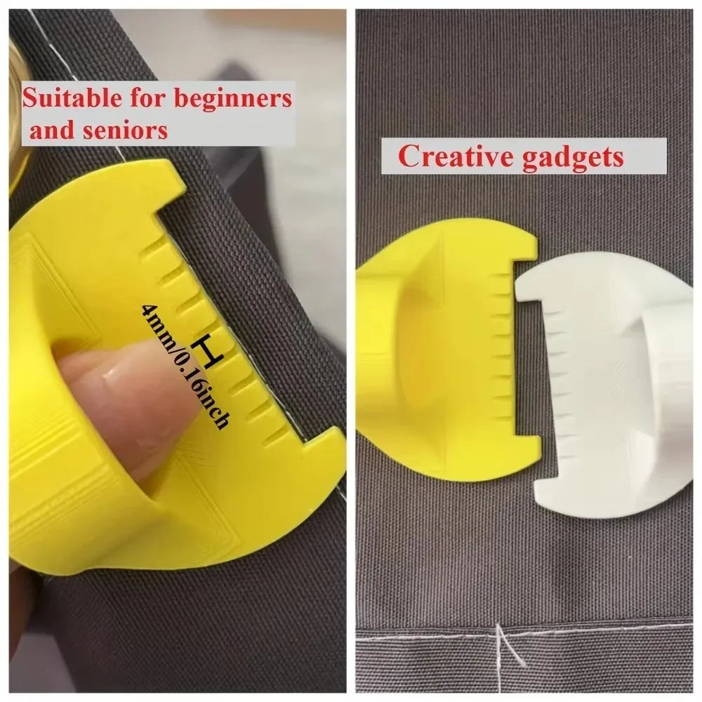 Yellow and white plastic edge lockstitch stencil kit for beginners and seniors shown on a gray fabric.
