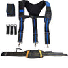 Black and blue adjustable tool belt suspenders with individual straps and a pouch bag