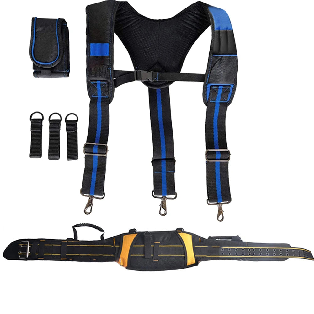 Black and blue adjustable tool belt suspenders with individual straps and a pouch bag