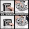 Instructions showing how to set a new combination on a wall-mounted security key lock box using a reset lever.