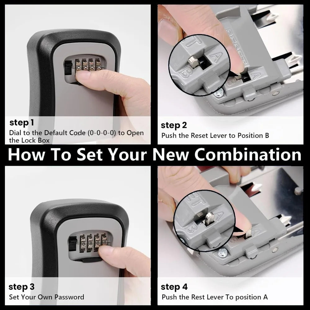 Instructions showing how to set a new combination on a wall-mounted security key lock box using a reset lever.