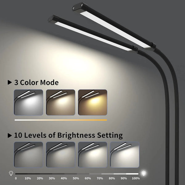 An RGB auto-dimming LED monitor light bar is shown illuminating a surface with three color modes and ten brightness levels.