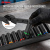 A hand is flipping open a cover plate on a black storage rack of 1/2 inch drive impact sockets.
