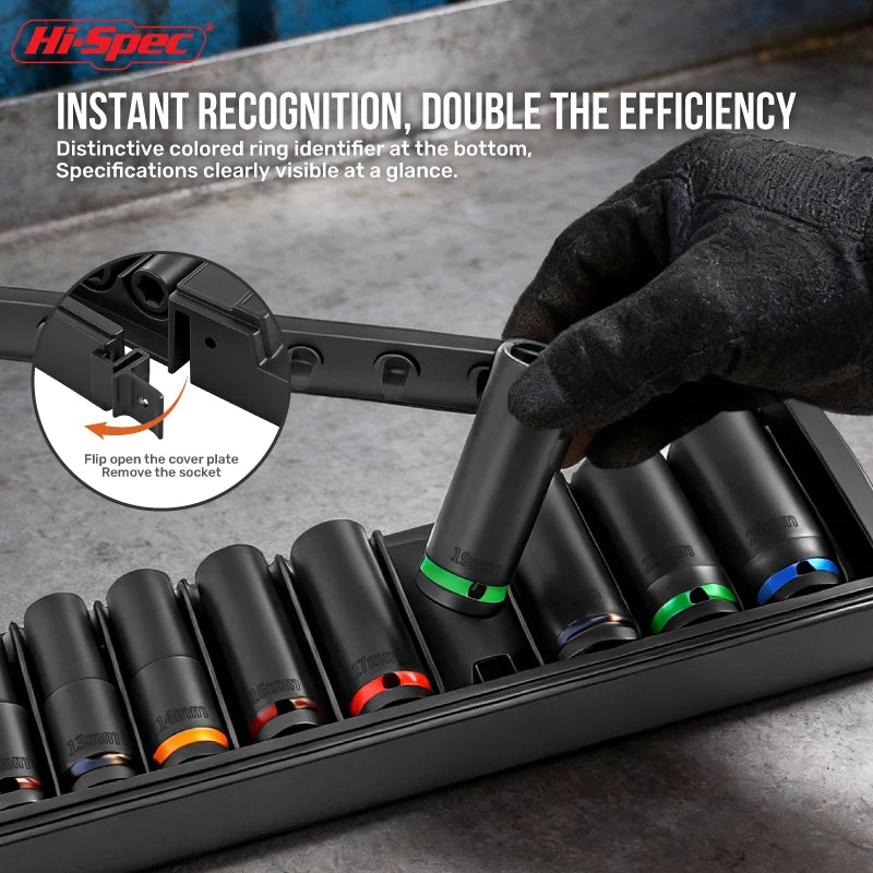 A hand is flipping open a cover plate on a black storage rack of 1/2 inch drive impact sockets.