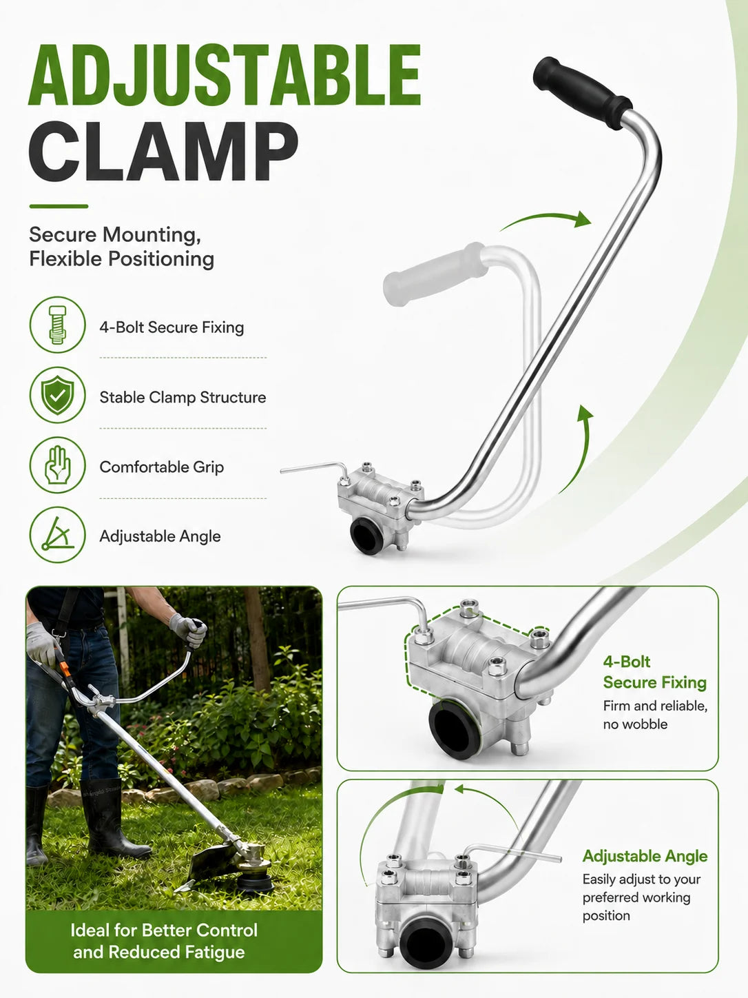 Adjustable clamp mounting system for lawn mower auxiliary handles, featuring 4-bolt secure fixing and flexible angle adjustme