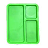 A bright green multi-compartment organizer box for storing screws and small parts.