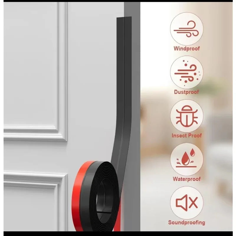 A close-up view of black and red door draft stopper seal strips with icons indicating windproof, dustproof, insect proof, wat