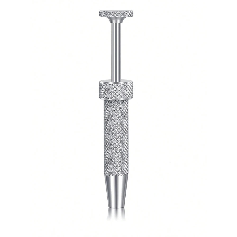 Stainless steel piercing ball grabber tool with a long shaft and textured grip