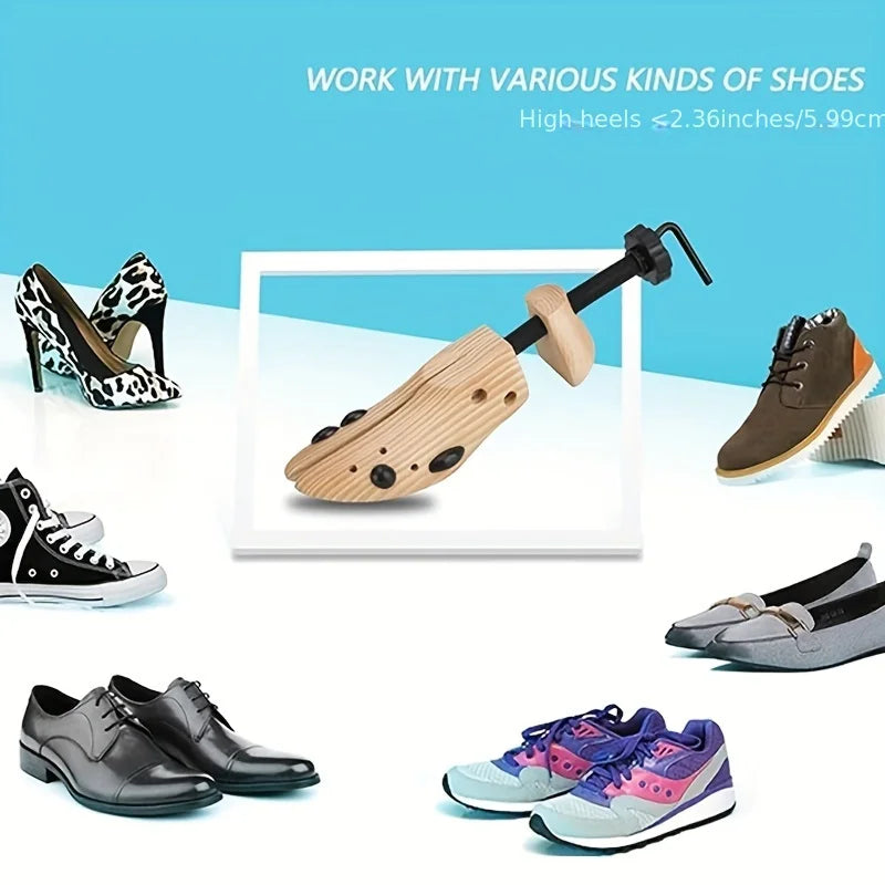 A wooden shoe stretcher is shown next to various types of shoes including high heels, sneakers, and dress shoes.