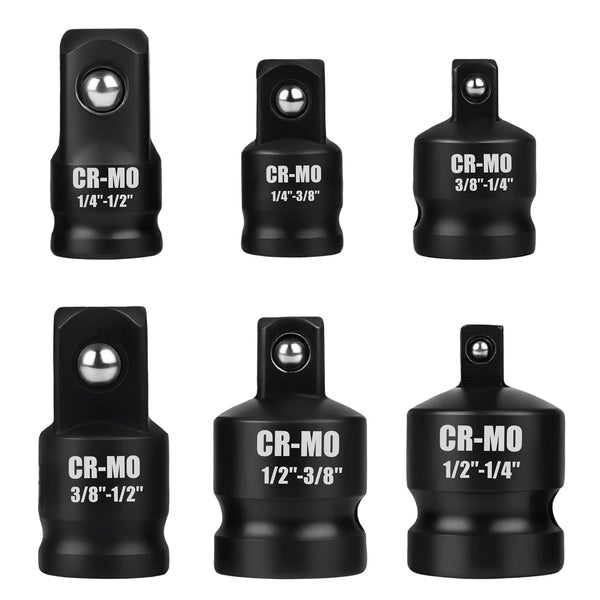 A set of black CR-MO precision socket adapters and reducers in various sizes.