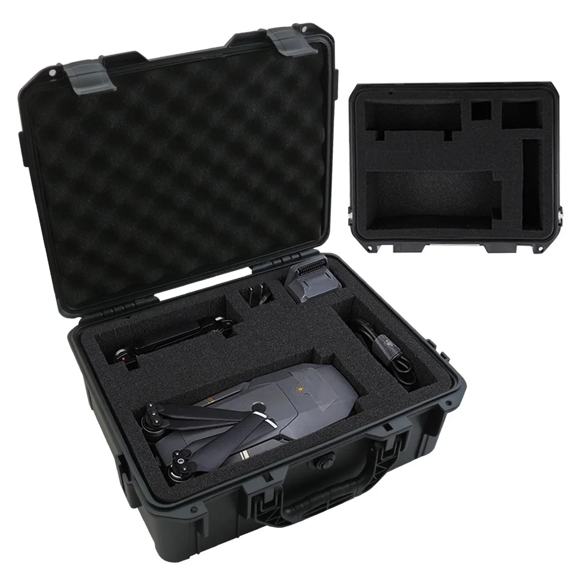 A black universal portable tool box with a hinged lid and an open compartment showing various tools and accessories.