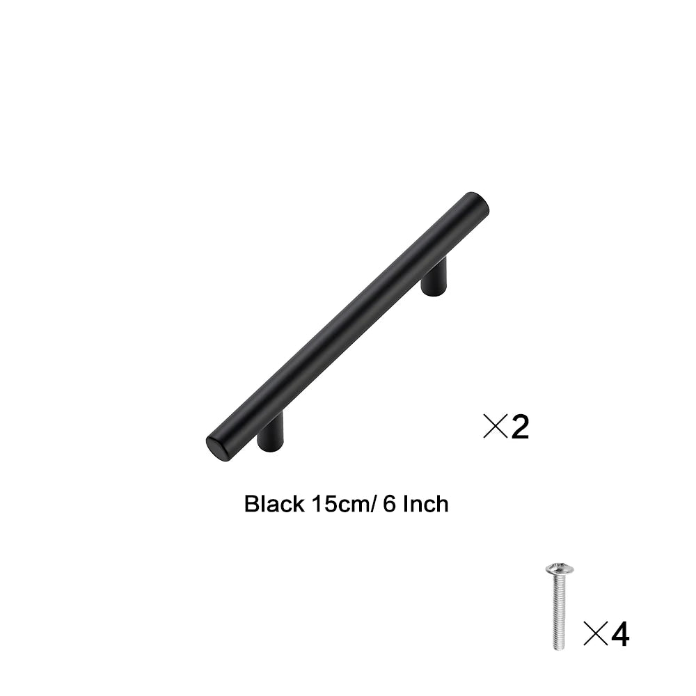 Two black 15cm or 6 inch cabinet handles and four screws are shown.