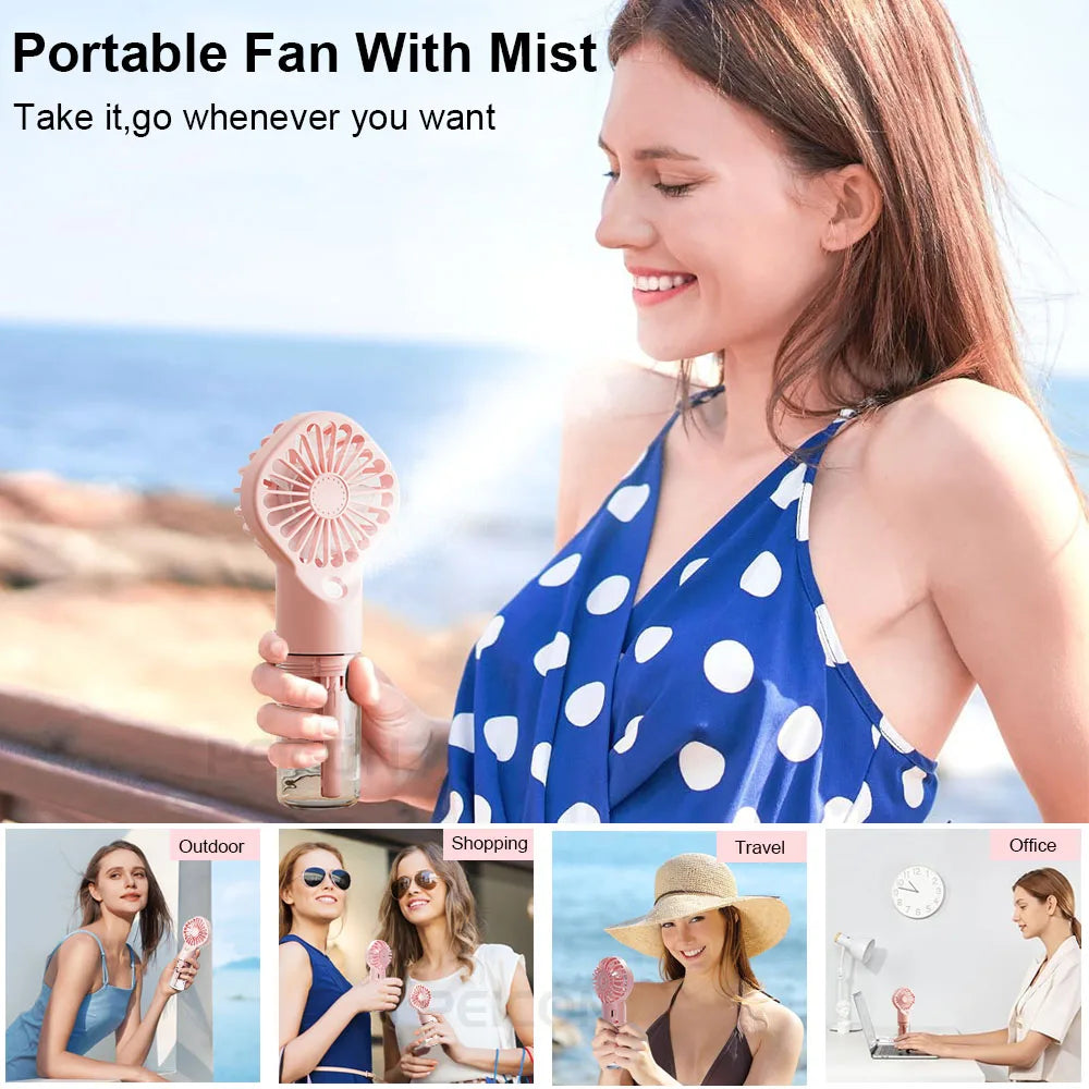 A woman is using a portable mist fan outdoors, shopping, traveling, and in an office setting.