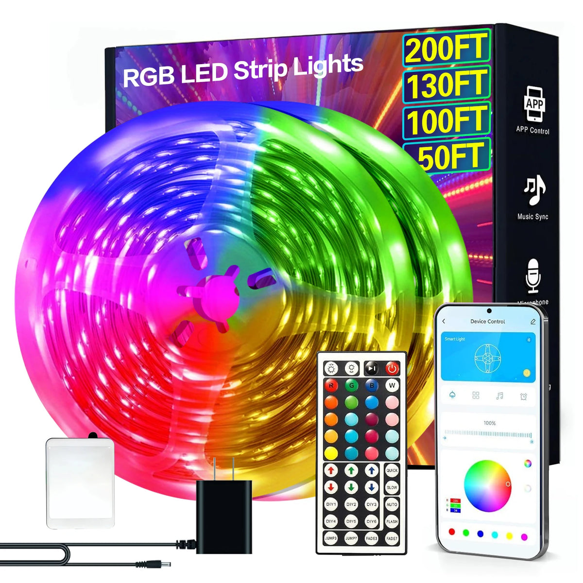 RGB LED strip lights and a smartphone app control panel demonstrating music sync lighting effects.