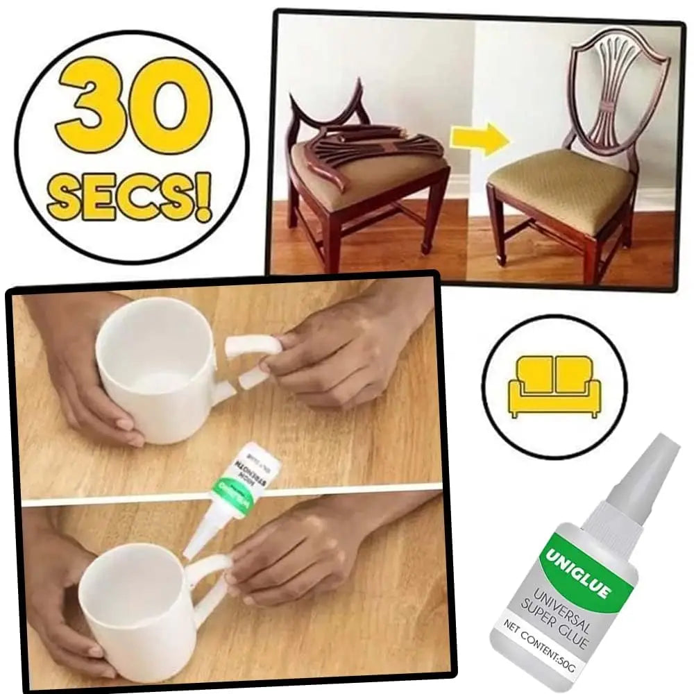 A demonstration showing the use of Unigloo Universal Super Glue on a ceramic mug.