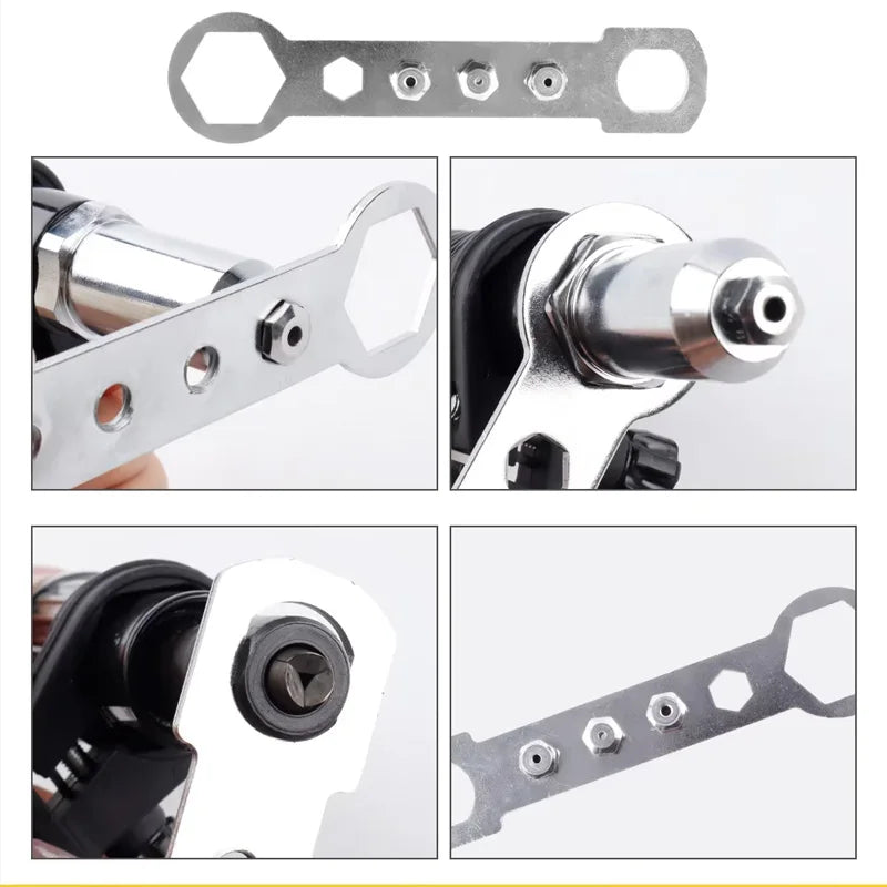 A set of professional electric rivet nut gun components including a tool body and various rivets.