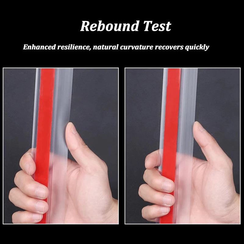 Hands hold a red weatherproofing sealing strip against a clear plastic sheet to demonstrate rebound test.