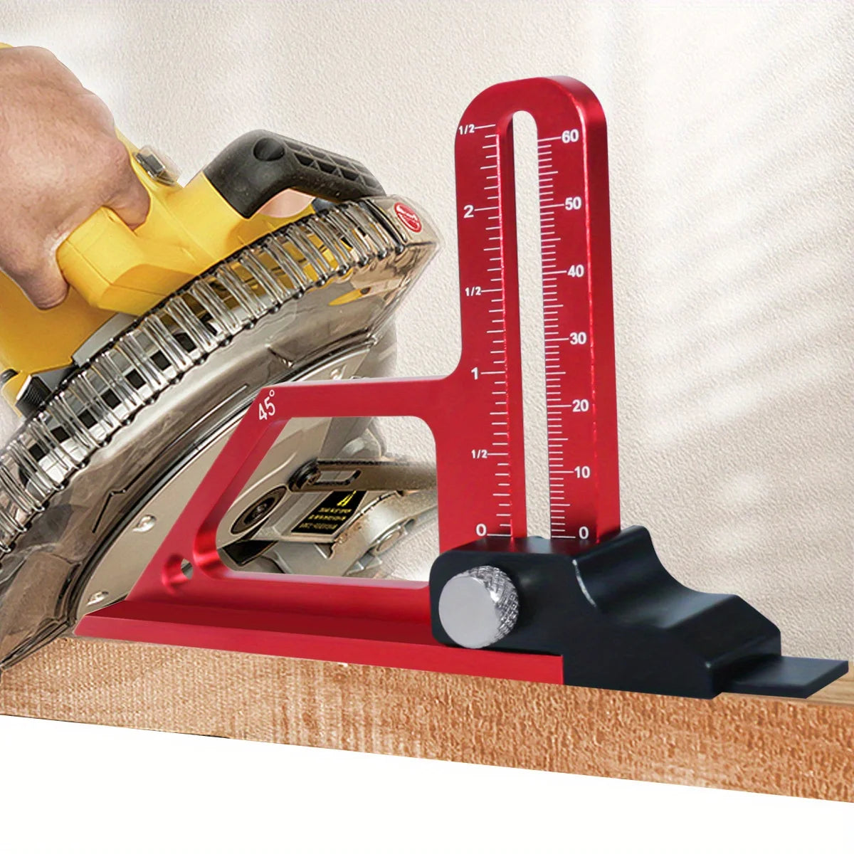A hand holds a yellow tool near a red precision depth gauge measuring an angle on a wooden surface.
