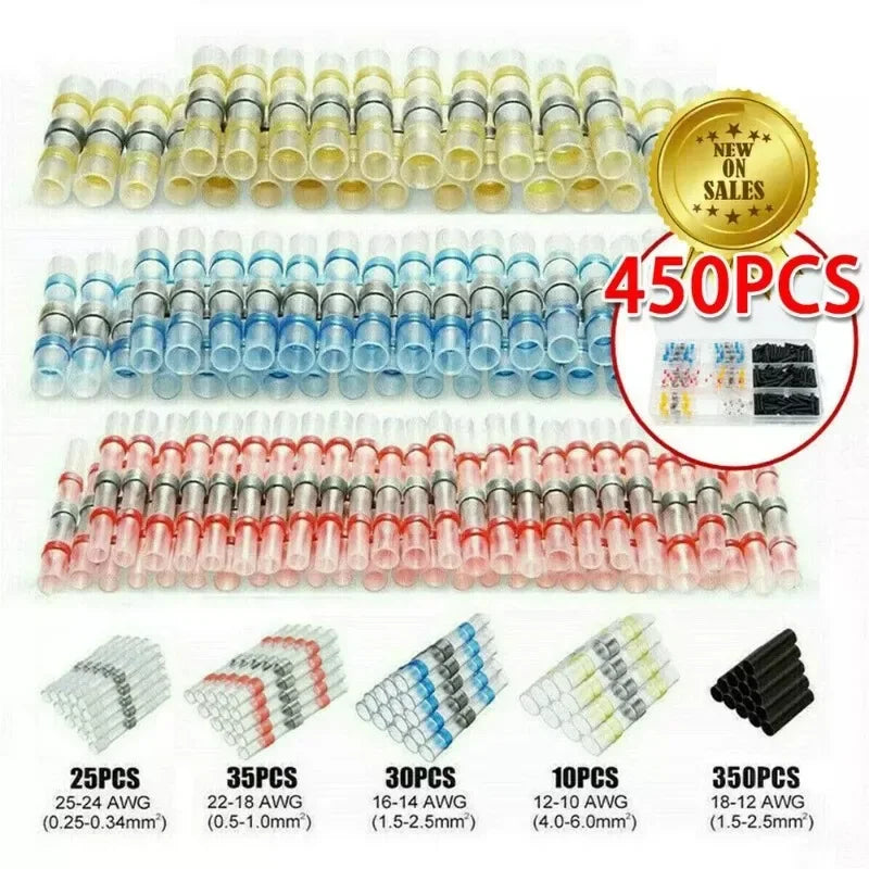 Colección de conectores de alambre termocontraíble de varios tamaños y colores, empaquetados para la venta.