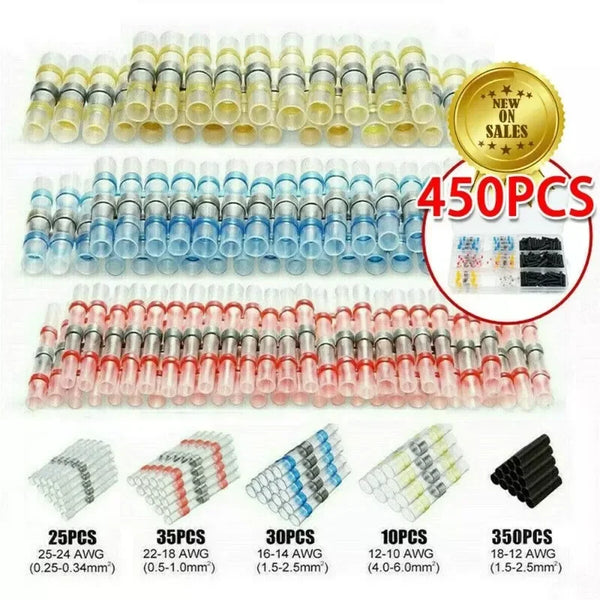 A collection of multi-sized heat shrink wire connectors in various colors and gauges, packaged for sale.