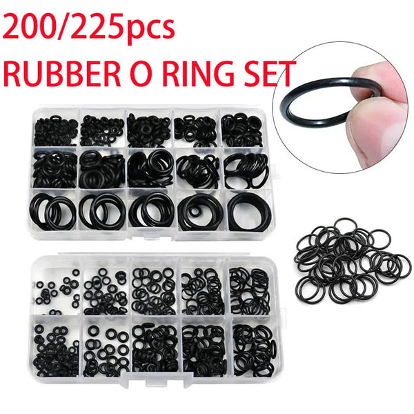 A set of 200 to 225 rubber O-rings in various sizes packaged in plastic trays and shown with a single ring.