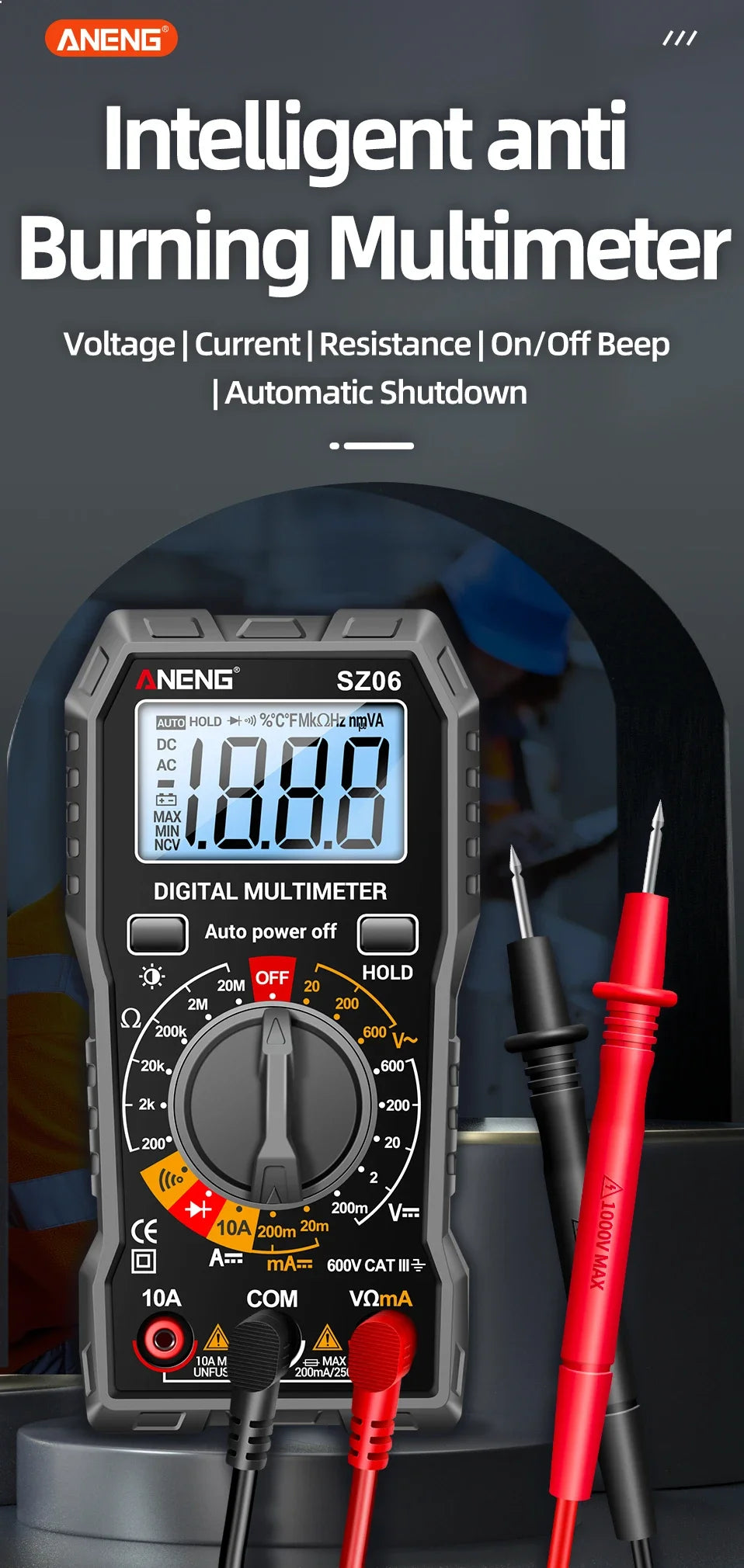 AnENG SZ06 digital multimeter with red probes and a black casing is shown against a dark background.