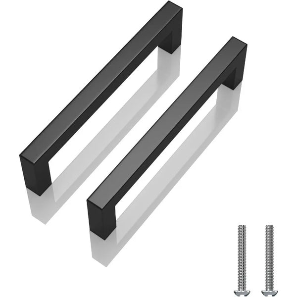 A pair of matte black stainless steel cabinet pulls shown in a top-down view.