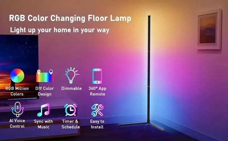 Lampe sur pied à changement de couleur RGB éclairant une pièce, avec des icônes indiquant des fonctionnalités comme l'éclaira