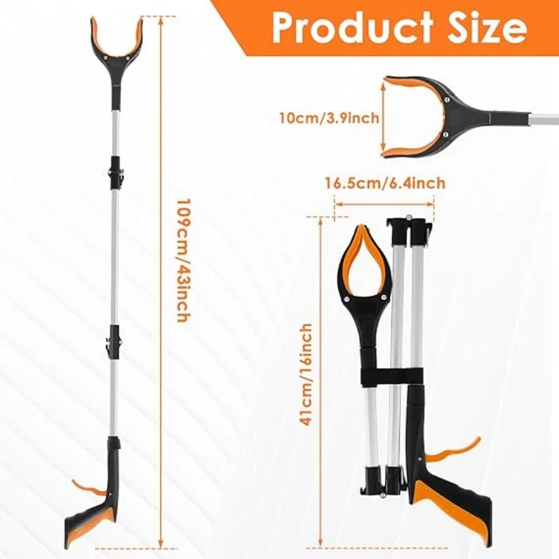 Extra long foldable reaching grabber tool shown with various size options and dimensions.