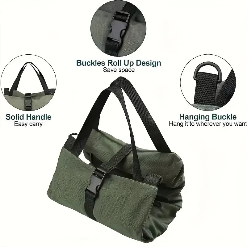 Dunkelolivgrüne portable Werkzeugtasche mit Mehrfachfächern, festem Griff und Aufhängeverschluss.
