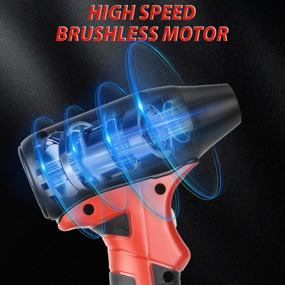 Primer plano de un soplador portátil rojo y negro con motor sin escobillas de alta velocidad visible internamente.