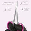 A pair of professional stainless steel nail cuticle trimmers held by a gloved hand.