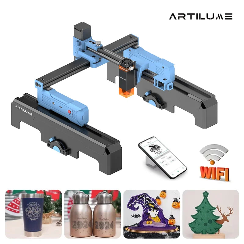 A blue mini portable laser engraver device with a black frame and various accessories shown in different angles.