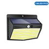 Luz de seguridad solar negra para exterior con dos tipos de paneles LED visibles.