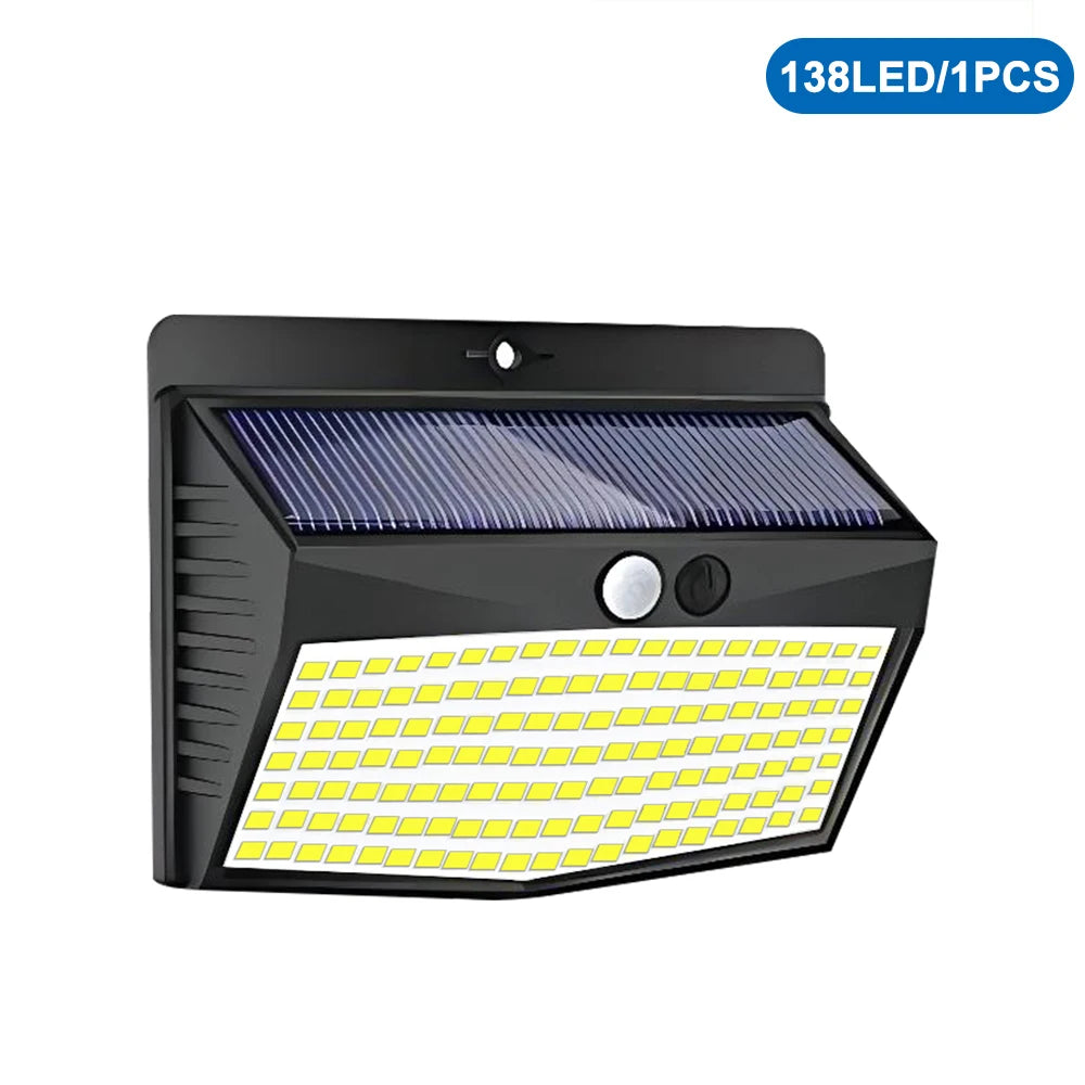 Luz de seguridad solar negra para exterior con dos tipos de paneles LED visibles.
